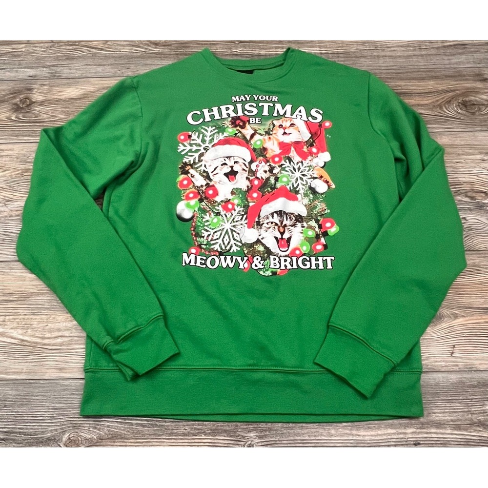 Fifth Sun Long Sleeve Ugly Christmas Crazy Cat Sweatshirt Green Size Large